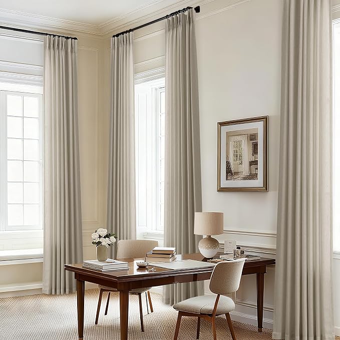 96 Inch Pinch Pleated Linen Textured Curtains Burlywood Birch | Tan, Semi Sheer by DUKIYO