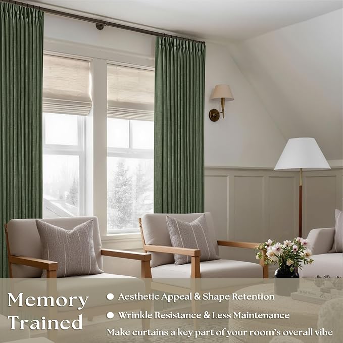 Pleated Semi Sheer Memory Shape Olive Green Linen Curtains 90 Inches Long | - Image 2