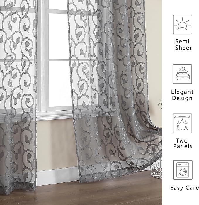 Furman Sheer Curtains Tiers 24 Inch Length 2 Panels Set, Geometric Jacquard - Image 6