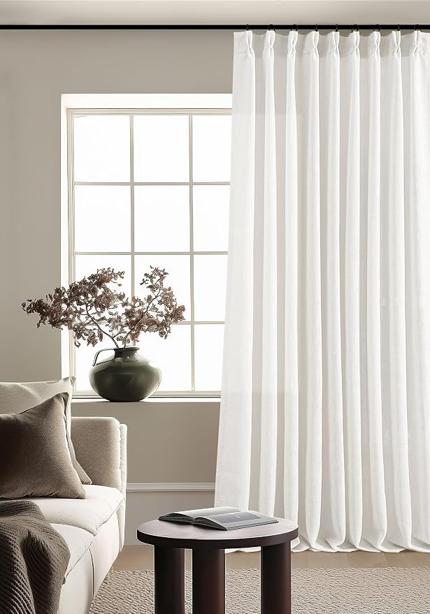 Pinch Pleated Linen 120 Inch Curtains 60 Inch Width Beige White | Light - Image 5