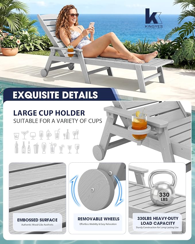 KINGYES HDPE Lounge Chair Outdoor Set of 2, Patio Chaise Lounge Recliner - Image 4