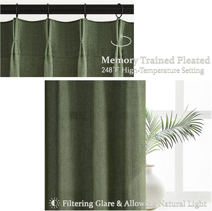Olive Green Linen Curtains 96 Inches Long 2 Panels Set, Modern Aesthetic Pinch - Image 3