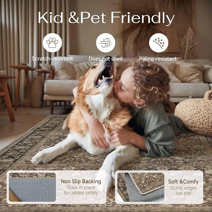 8x10 Brown Vintage Floral Washable Area Rug - Image 4