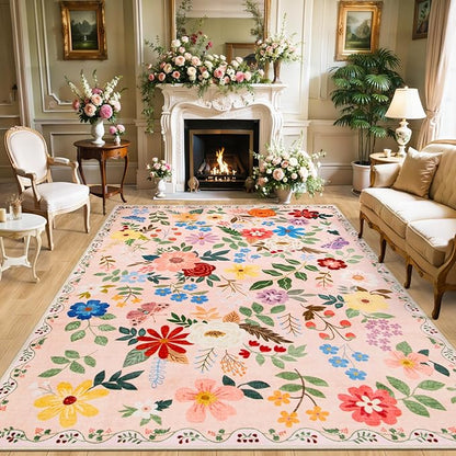 PLHXFR Area Rug 10x12 Living Room: Floral Washable Boho Soft Carpet Beige | by PLHXFRSoftAreaRugs