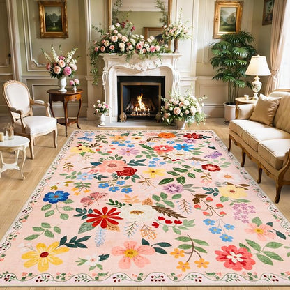 PLHXFR 8x10 Area Rug Living Room: Floral Washable Boho Soft Carpet Beige | by PLHXFRSoftAreaRugs