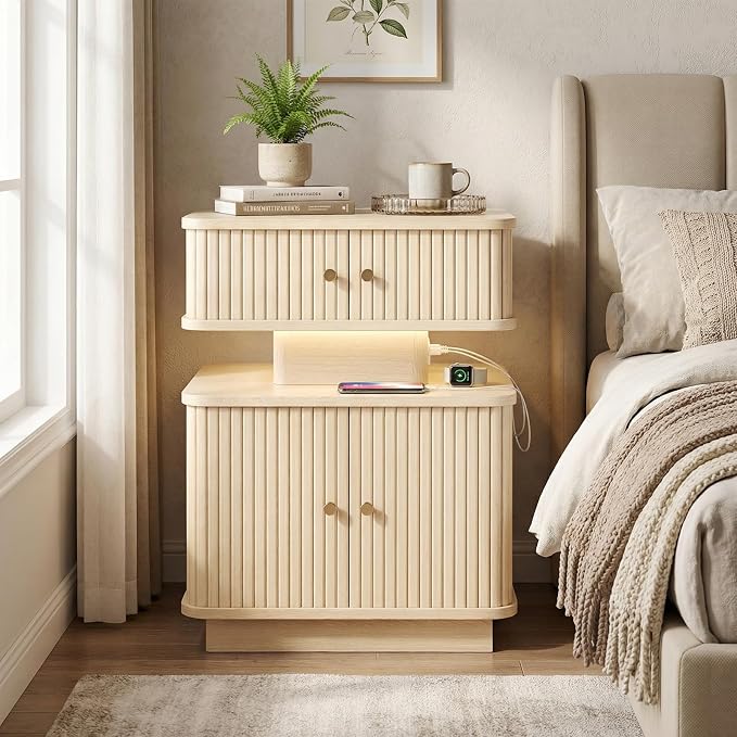 Nightstand with Charging Station, Modern Night Stand with Smart Led Light and 2 by Akmakm