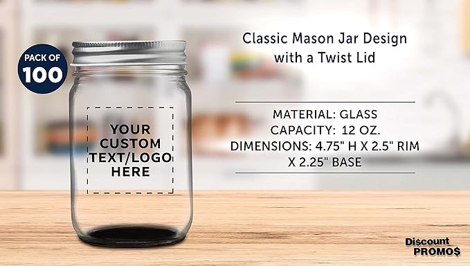 DISCOUNT PROMOS 100 Decorating Mason Jars Set, 12 oz. - Customizable Text, Logo - Canning, Aluminum Lid - Black