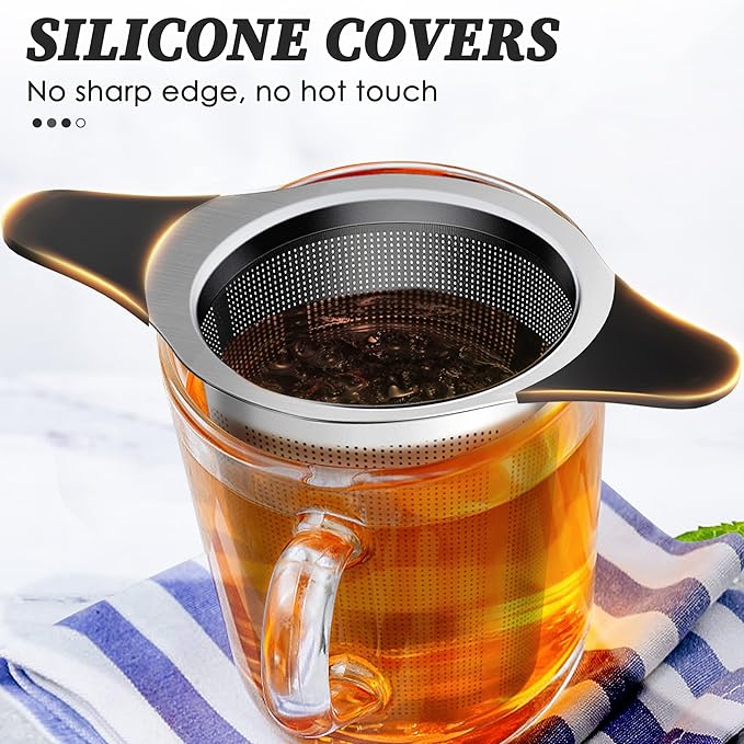 Upgraded Tea Infusers for Loose Tea, Silicone Covered Extra Fine Mesh 18/8 Stainless Steel Tea Strainer with Large Capacity & Double Handles to Steep Loose Leaf Tea and Coffee 2 Pack