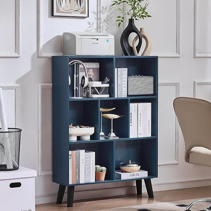 LEYAOYAO Cube Bookshelf 3 Tier Mid-Century Rustic Dark Blue Modern Bookcase - Image 8