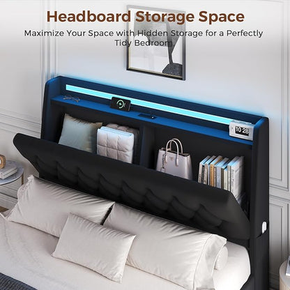 Full LED Velvet Bed Frame with 2 Storage Drawers&Hidden Headboard, Upholstered - Image 3