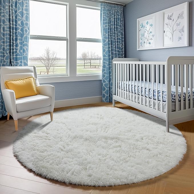 Cream White Round Rugs 5ft for Bedroom Living Room, Ivory Fluffy Circle Area - Image 8