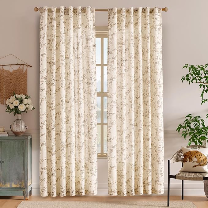 Taupe Vintage Floral Linen Curtains Farmhouse 50W X 90L 2 Panels | Elisa Series - Image 2