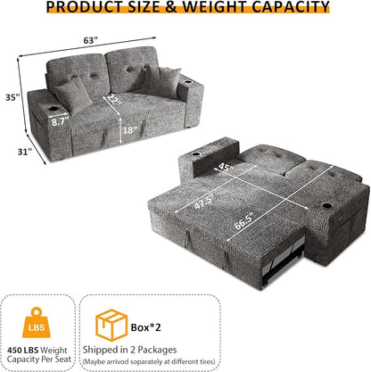 63 Inch Sleeper Sofa Bed, 3 in 1 Pull Out Couch Bed - Image 3