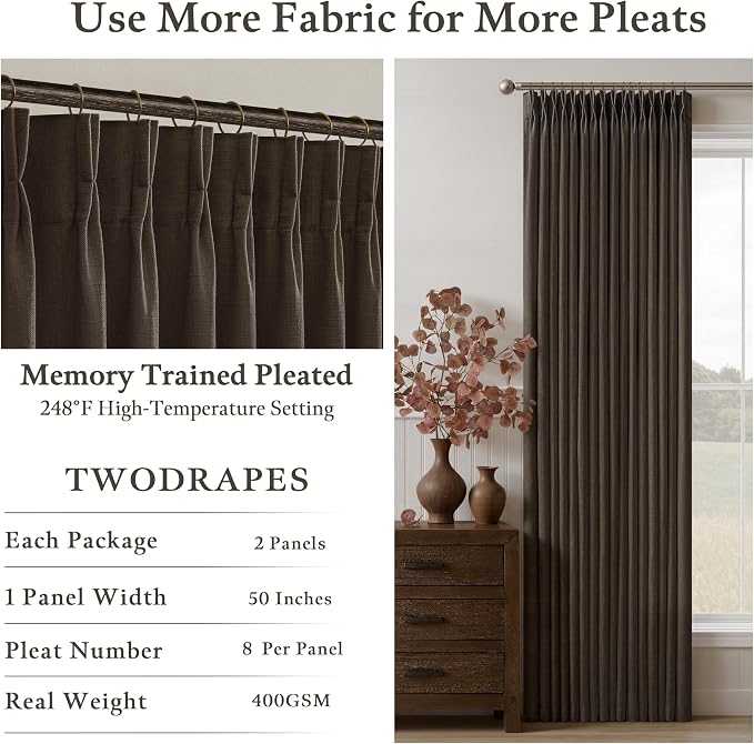 Thick Linen Pinch Pleated Light Filtering Privacy Dark Brown Curtains 50x80 | - Image 4