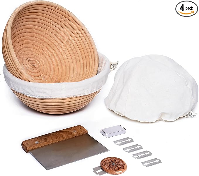 Banneton Proofing Basket Set – 2 Round 9 Inch Unbleached Rattan Baskets with Linen Liners, UFO Bread Lame (4 Blades), Dough Scraper – Sourdough Bread Baking Kit
