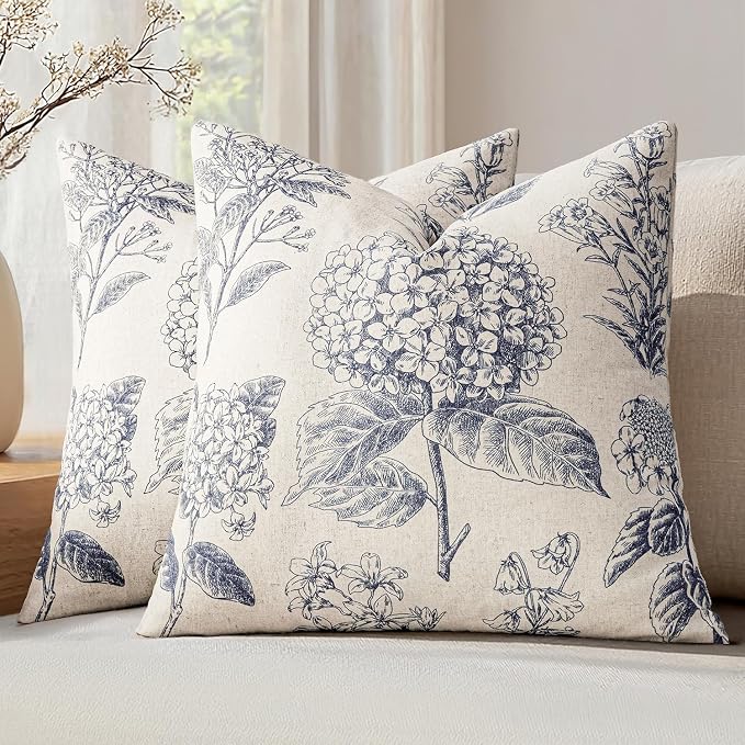 Set of 2 Euro Floral Pillow Covers 24x24 Inch Navy Blue | Decorative Neutral by SWANCOCO