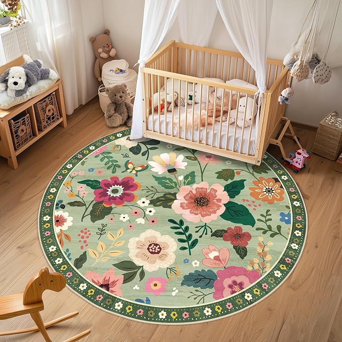 RELEANY Floral Washable Round 4ft Area Rug LightGreen | Flower Carpet Print - Image 8