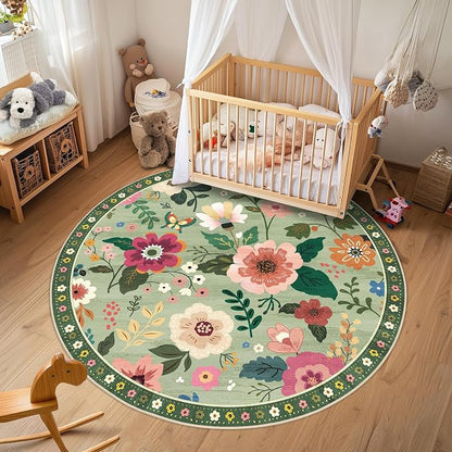 RELEANY Floral Washable Round 4ft Area Rug LightGreen | Flower Carpet Print - Image 8