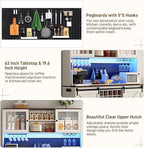 74" Tall 63" Wide Large Coffee Bar Cabinet w/Outlet,6000-color LED Light,Pegboard,Farmhouse Hutch Cabinet w/Barn Door,2 Big Drawers,Adjustable Shelves,10 Wine & Glasses Rack,5 Hook for Kitchen