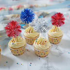 Gyufise 30Pcs Foil Firework Cupcake Toppers Sparkle Tinsel Cake Toppers Tinsel Drink Cake Decoration Cocktail Picks for Birthday Wedding Graduation Party Supplies Silver Dark Blue Red