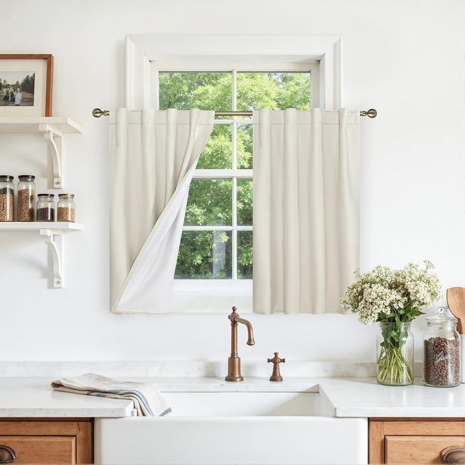 Full Blackout Linen Kitchen Window Curtains 36 Inches Long, Ivory | Privacy by LAMIT