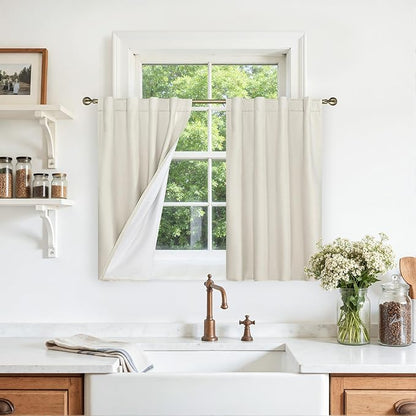 Full Blackout Linen Kitchen Window Curtains 36 Inches Long, Ivory | Privacy by LAMIT