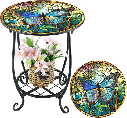 Cinnvoice Outdoor Side Table Round Small Mosaic Patio Accent Indoor End Plant by Cinnvoice