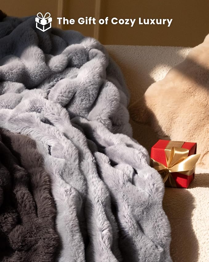 Ultra Soft Cozy Faux Fur Throw Blanket, Fuzzy Plush Thick Bubble Blanket - Image 6