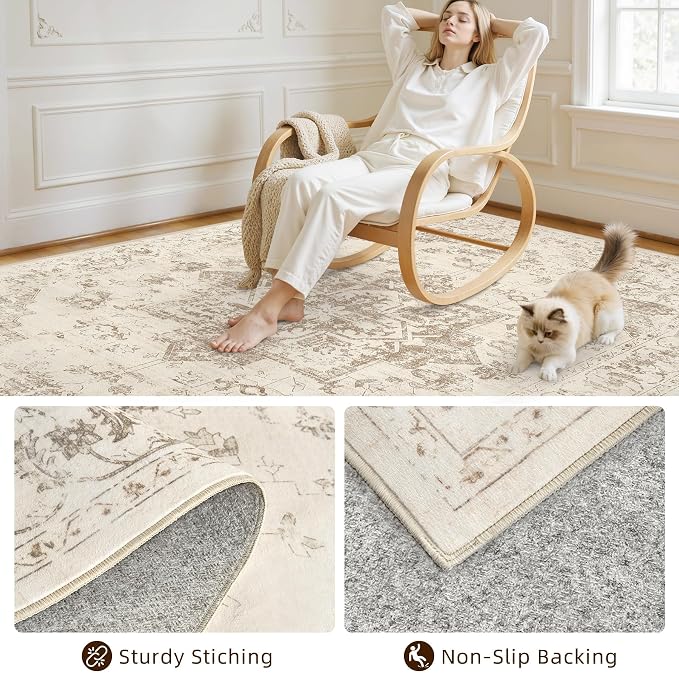 6x9 Area Rugs Living Room: Bedroom Washable Carpet Beige/Ivory | Vintage Boho - Image 4