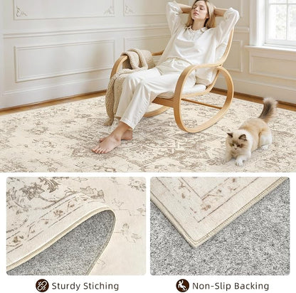 6x9 Area Rugs Living Room: Bedroom Washable Carpet Beige/Ivory | Vintage Boho - Image 4
