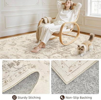 8x10 Area Rugs Living Room: Bedroom Washable Carpet Beige/Ivory | Vintage Boho - Image 4