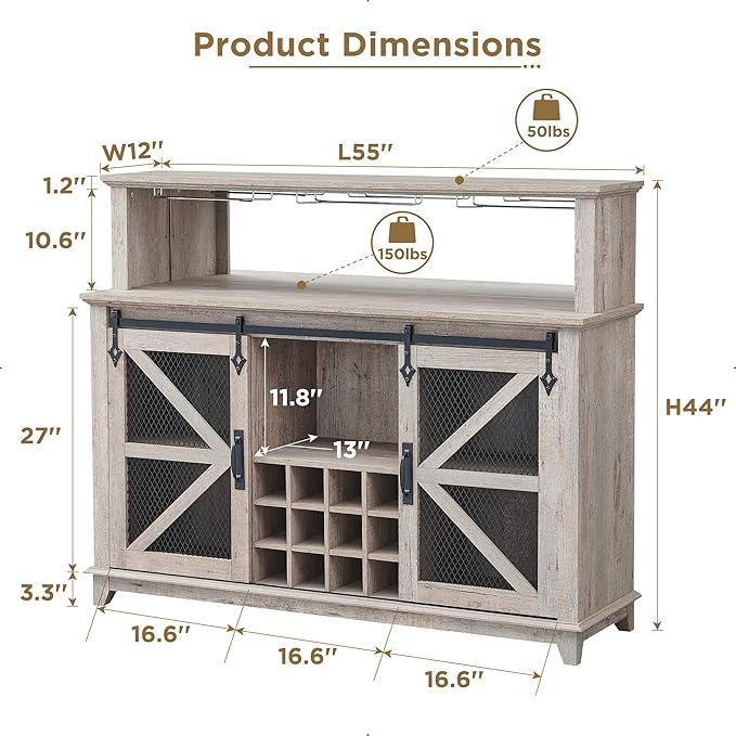 OKD Farmhouse Coffee Bar Cabinet with LED Lights, 55" Wine Bar w/Sliding Barn Door & Wine and Glass Rack, Kitchen Buffet Cabinet w/Storage Shelves for Dining Room,Light Rustic Oak