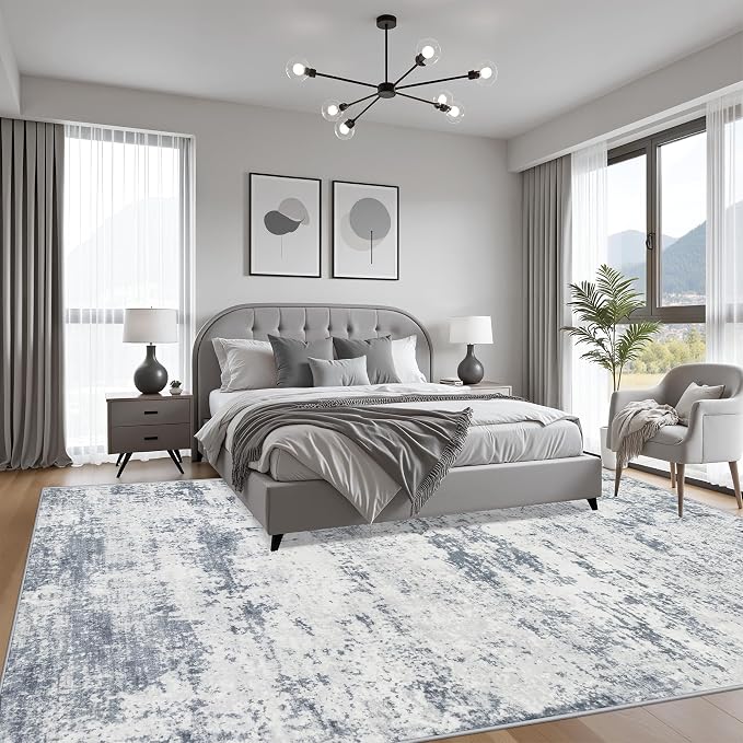 9x12 Area Rug Living Room: Modern Washable Soft Carpet Blue Grey | - Image 3