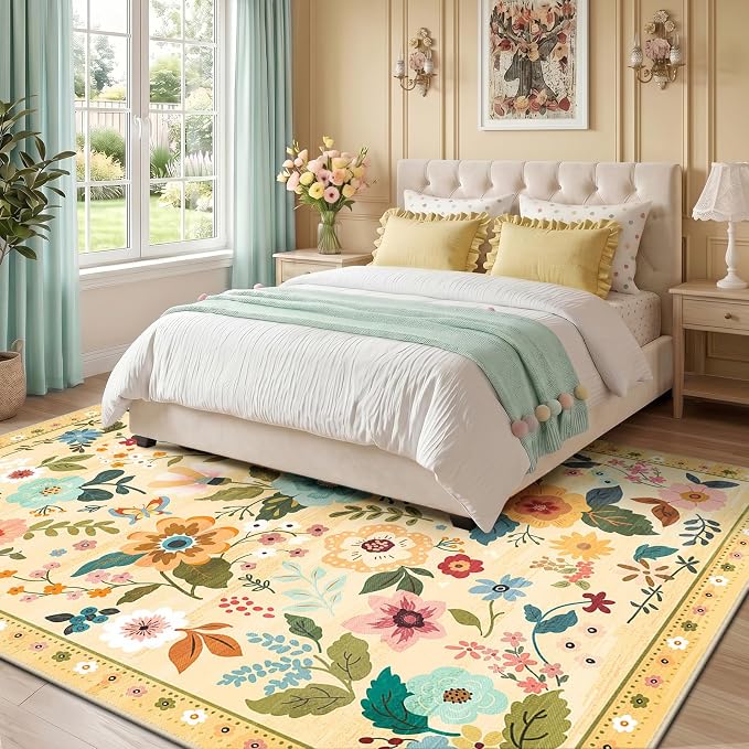 RELEANY Floral Washable 6x9 Area Rugs Ivory/Yellow | Flower Carpet Print Boho - Image 6