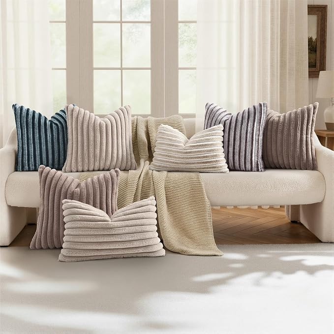 decorUhome Fall Faux Fur Throw Pillow Covers 26x26 Set of 2 Beige White | - Image 5
