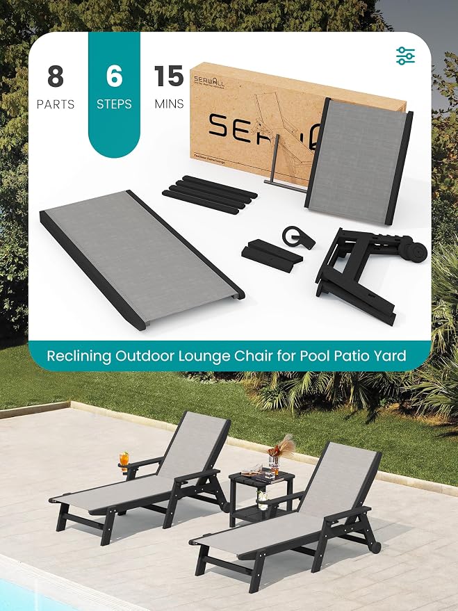 SERWALL Textilene Patio Chaise Lounge Chair Set of 2 - Image 7