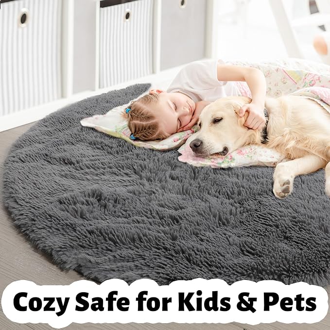 Amdrebio Grey Round Fluffy Area Rug 5Ft - Image 4