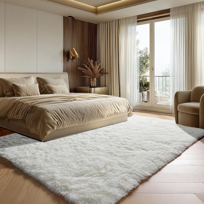 Cream White Rugs for Living Room Bedroom, 5x8 Fluffy Bedside Area Rug, Soft - Image 5