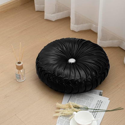 HIG Set of 2 Black Metallic Leather Decorative Round Pleated Throw Pillows | - Image 7