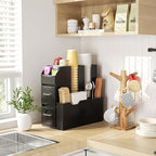 SZQINJI Coffee Condiment Organizer 11-Compartment Breakroom Coffee Station Organizer Countertop Cup Storage with 2 Drawers Black