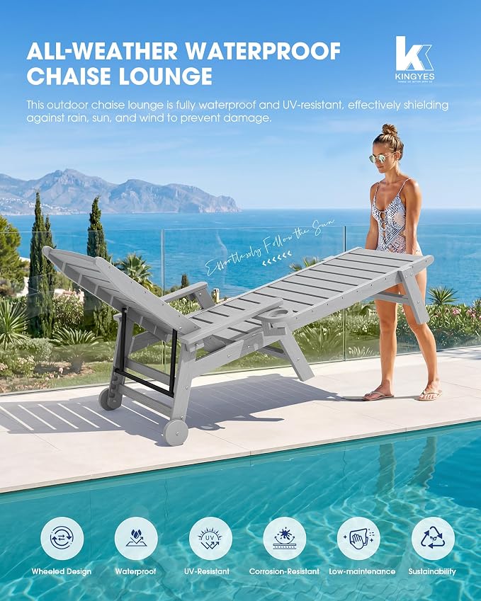 KINGYES HDPE Lounge Chair Outdoor, Patio Chaise Lounge Recliner - Image 7