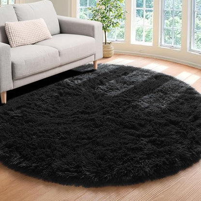 Black Round Area Rug 4ft, Soft Bedroom Circle Rugs Floor Mats by ONASAR