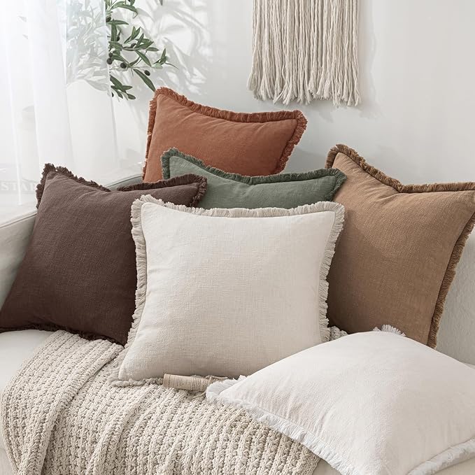 MIULEE Linen Fringe Decorative Fall Throw Pillow Covers Dark Brown 18x18 | Set - Image 5