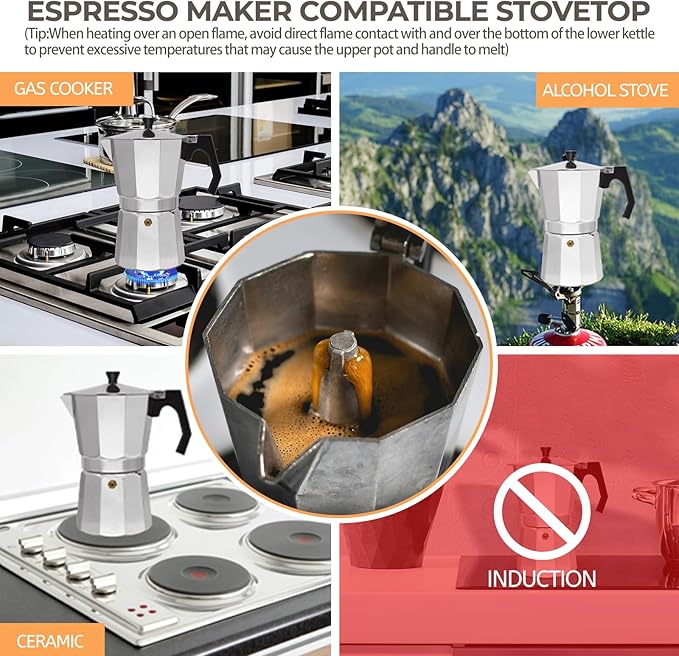 Aluminum 9 Cup 450ml Moka Pot Express Coffee Maker Stovetop Espresso Percolator Coffeemaker Italian Classic Style Brewing Greca Cafe Mocha Machine for Cafeteras Lover Camping Travel and Home Use 15oz