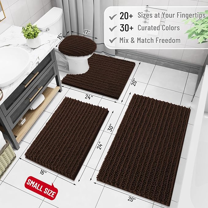 Arotive Luxury Chenille Bathroom Rug Mat, Extra Soft Thick Absorbent Shaggy Bath Rugs, Non-Slip Machine Wash Dry, Plush Bath Mats for Bathroom, Shower and Tub, 30x17, Brown