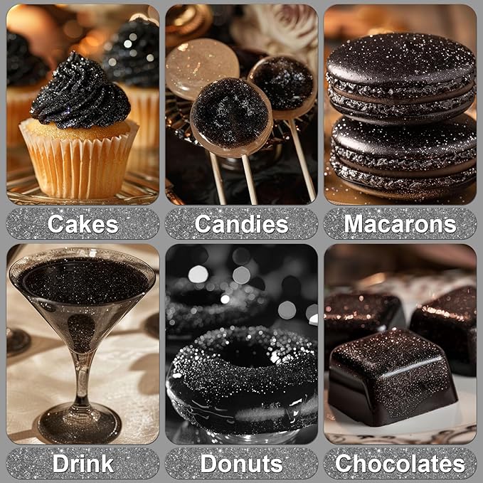 Black Edible Glitter - 5g Food Grade Cake Decorating Shimmering Glitter, Edible Sprinkle Luster Dust for Drinks, Chocolates, Fondant, Strawberries, Cupcakes, Candy, Cookie - Vegan