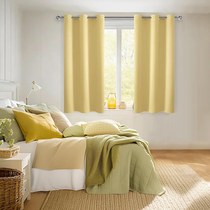 Short Blackout Curtains for Bedroom, Light Yellow, 42 x 45 Inch | Thermal - Image 6