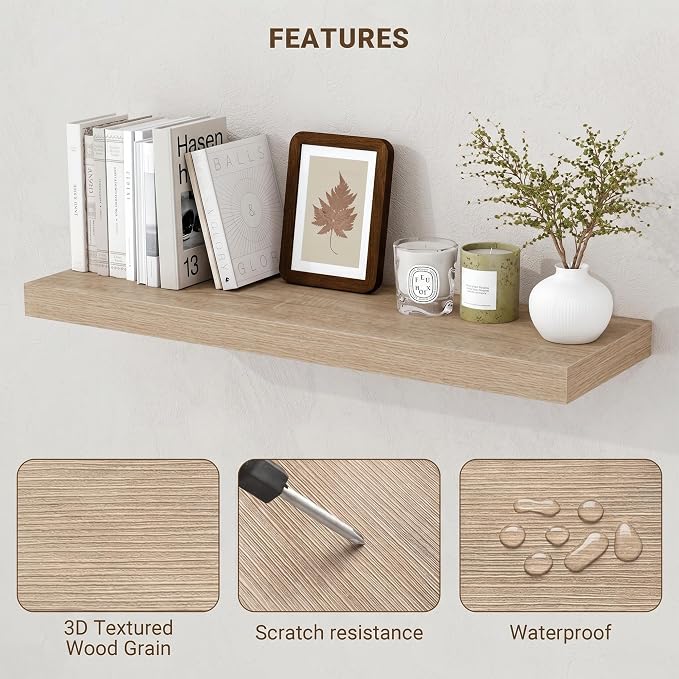 Acovy 48 Inch Floating Shelves, 3D Textured Wood Grain, Wooden Shelves - Image 5