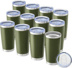 OMTech 20oz Tumblers Bulk, 12pc Stainless Steel Tumbler Set with Lid & Straw, Double Wall Vacuum Insulated Mug for Laser Engraver, Travel Coffee Mug for Hot & Cold Drinks, Army Green Powder Coated Cup