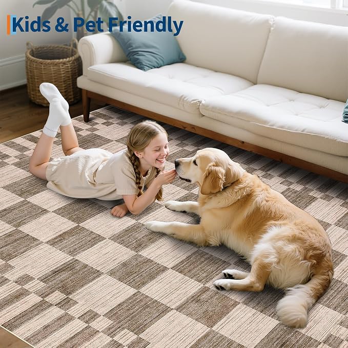 GarveeHome 8x10 Area Rugs Geometric Washable Modern Brown Checkered Rug | - Image 9